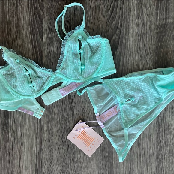 NWT Savage x Fenty lingerie - bra (34B) + panty (XS)- sheer turquoise lace pearl - Picture 5 of 12